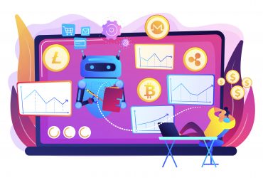 Cryptocurrency mining software, artificial intelligence for e business. Crypto trading bot, automated AI tradings, best bitcoin trading bot concept. Bright vibrant violet vector isolated illustration